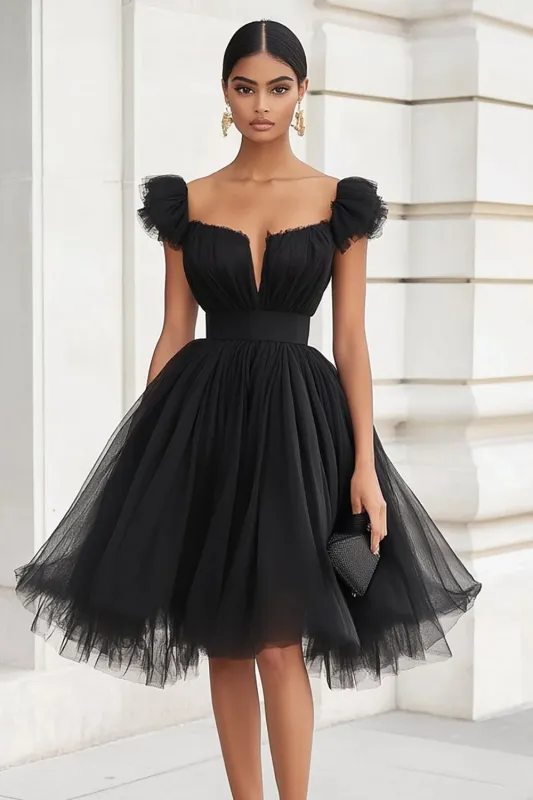 Black Tulle Short Sleeves A Line Short Cocktail Dress sold by Zapaka