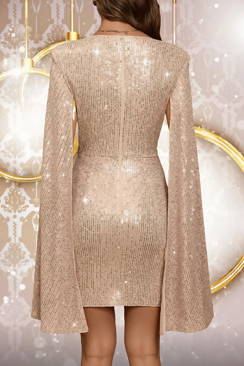 Sparkly Bodycon Round Neck Apricot Cocktail Dress sold by Zapaka product image thumbnail 2