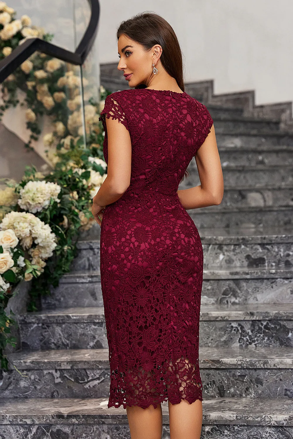 Burgundy Sheath Round Neck Lace Cocktail Dress sold by Zapaka product image thumbnail 2