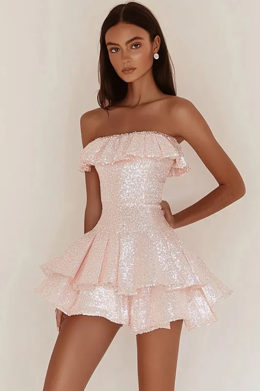 Strapless Pink Sequin A Line Short Cocktail Dress sold by Zapaka