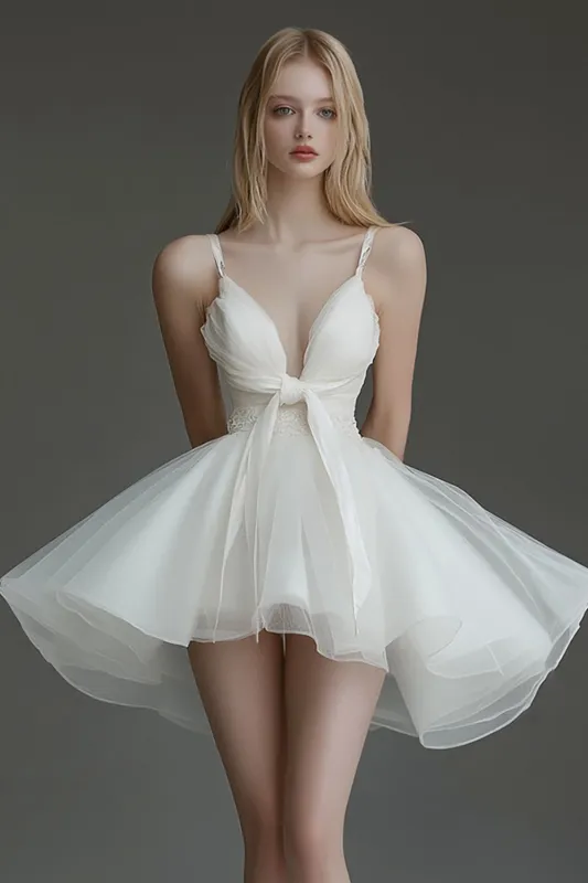 Ivory V-Neck Spaghheti Straps Short Cocktail Dress sold by Zapaka