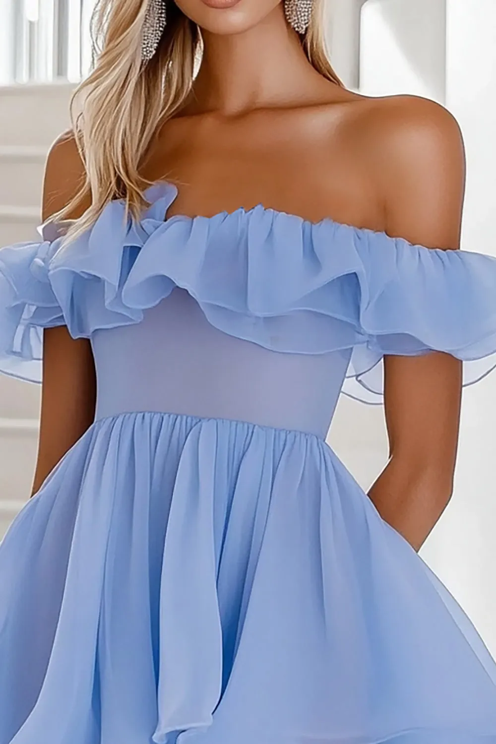 Blue A Line Ruffled Off the Shoulder Mini Cocktail Dress sold by Zapaka product image thumbnail 2