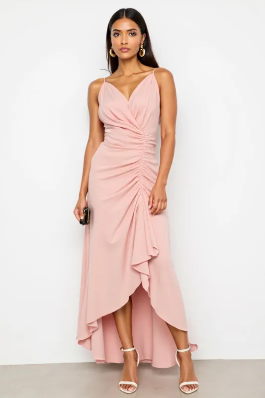 Ruched Blush Spaghetti Straps High Low Work Dress sold by Zapaka
