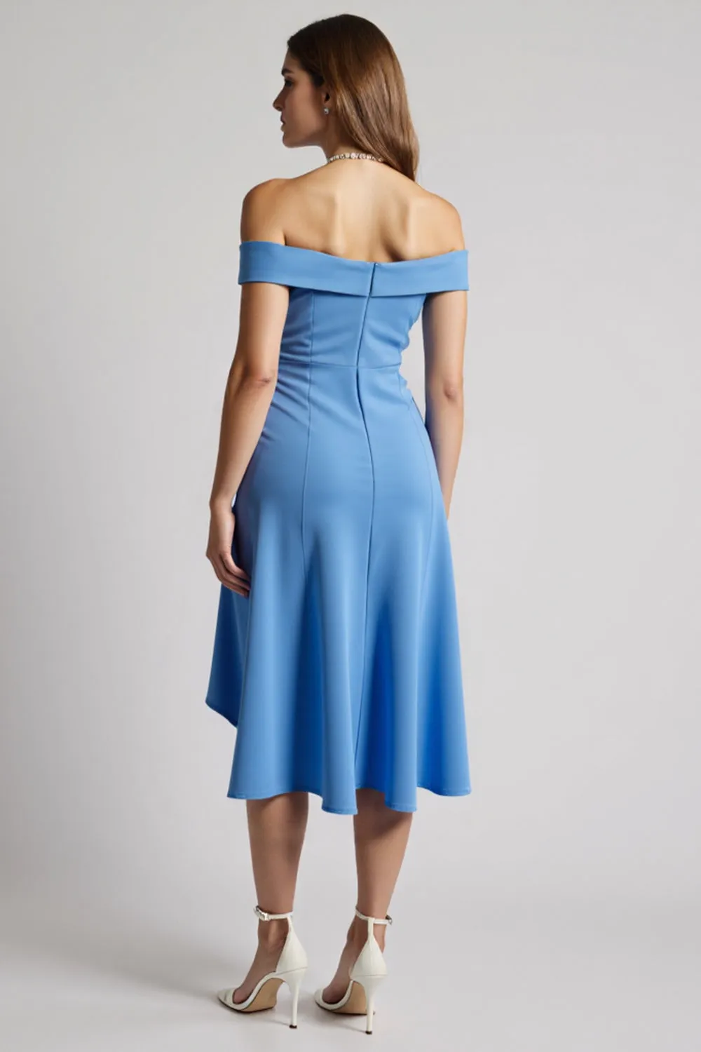 Blue Off The Shoulder Ruched A Line Midi Work Dress sold by Zapaka product image thumbnail 2