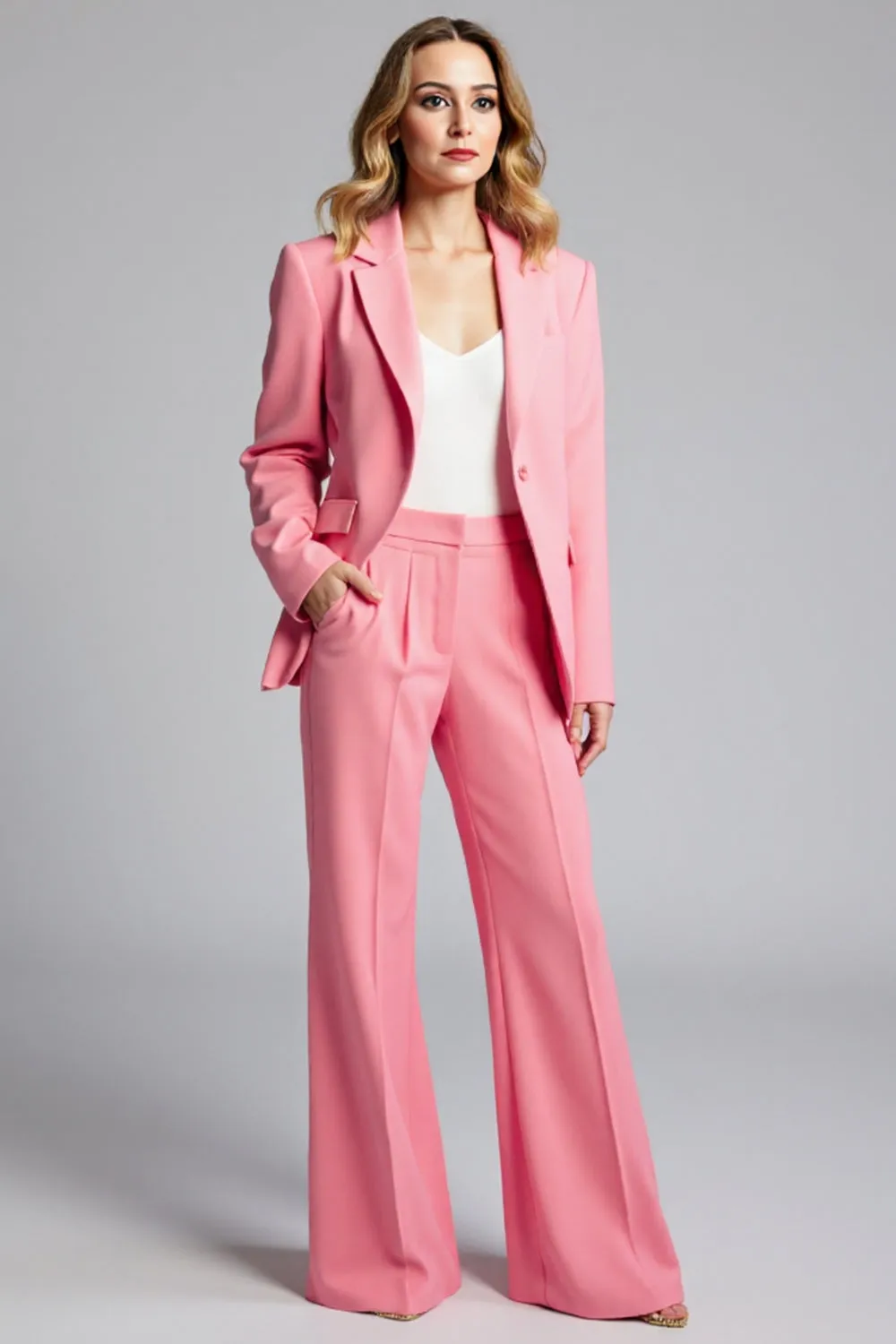Notched Lapel Pink 2 Piece Long Sleeve Pant Suit sold by Zapaka
