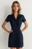 Navy Double Breasted Satin Peaked Lapel Short Work Dress sold by Zapaka