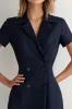 Navy Double Breasted Satin Peaked Lapel Short Work Dress sold by Zapaka