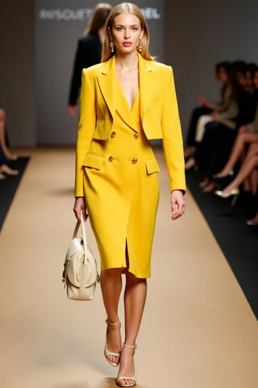 Yellow Sheath 2 Piece Peaked Lapel Work Dress sold by Zapaka