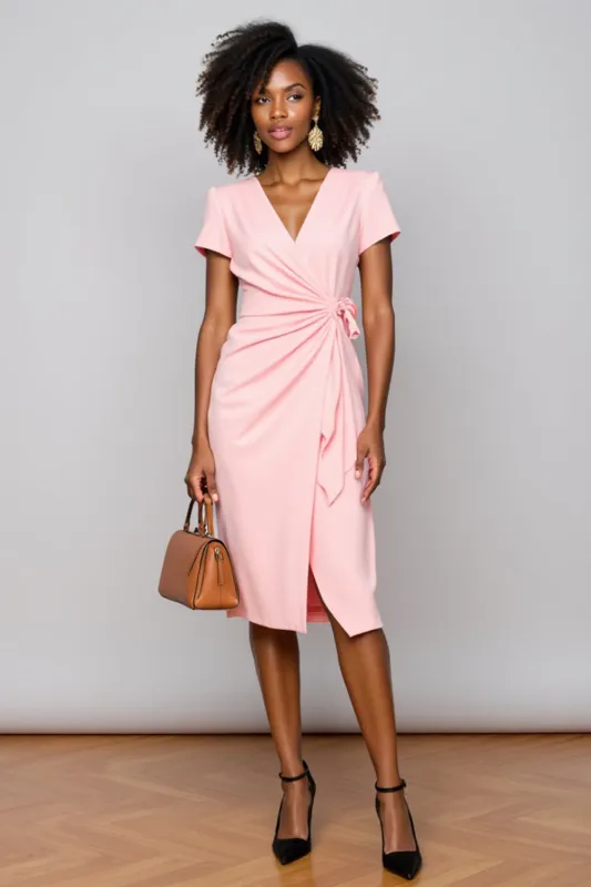 Ruched Pink V-Neck Sheath Work Dress sold by Zapaka