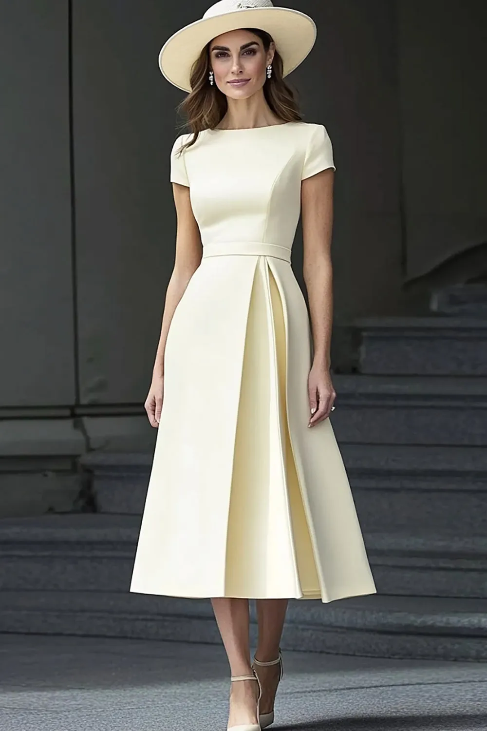 Light Yellow Satin A Line Boat Neck Long Work Dress sold by Zapaka