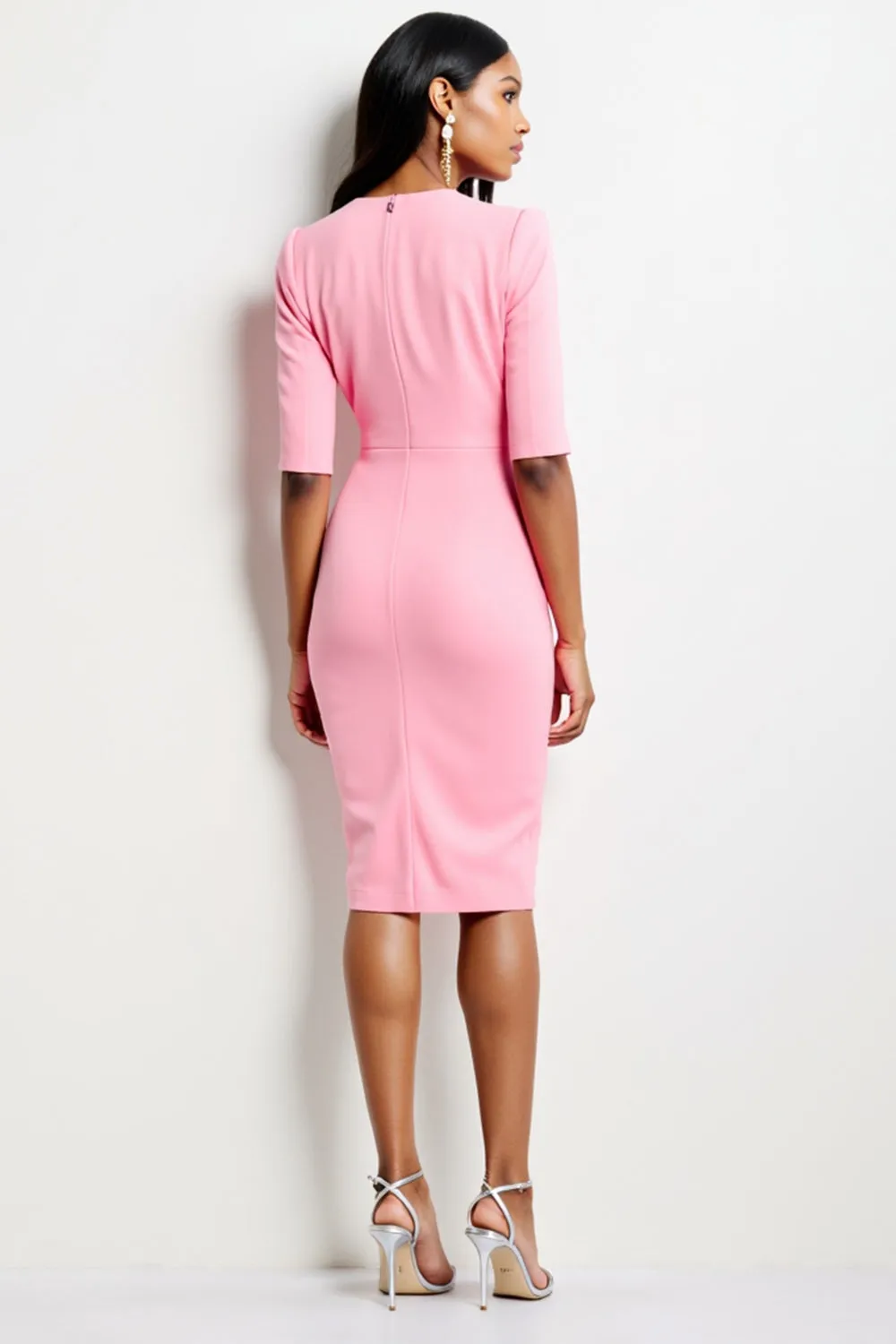 Pink V-Neck Ruched Sheath Work Dress with Half Sleeves sold by Zapaka product image thumbnail 2
