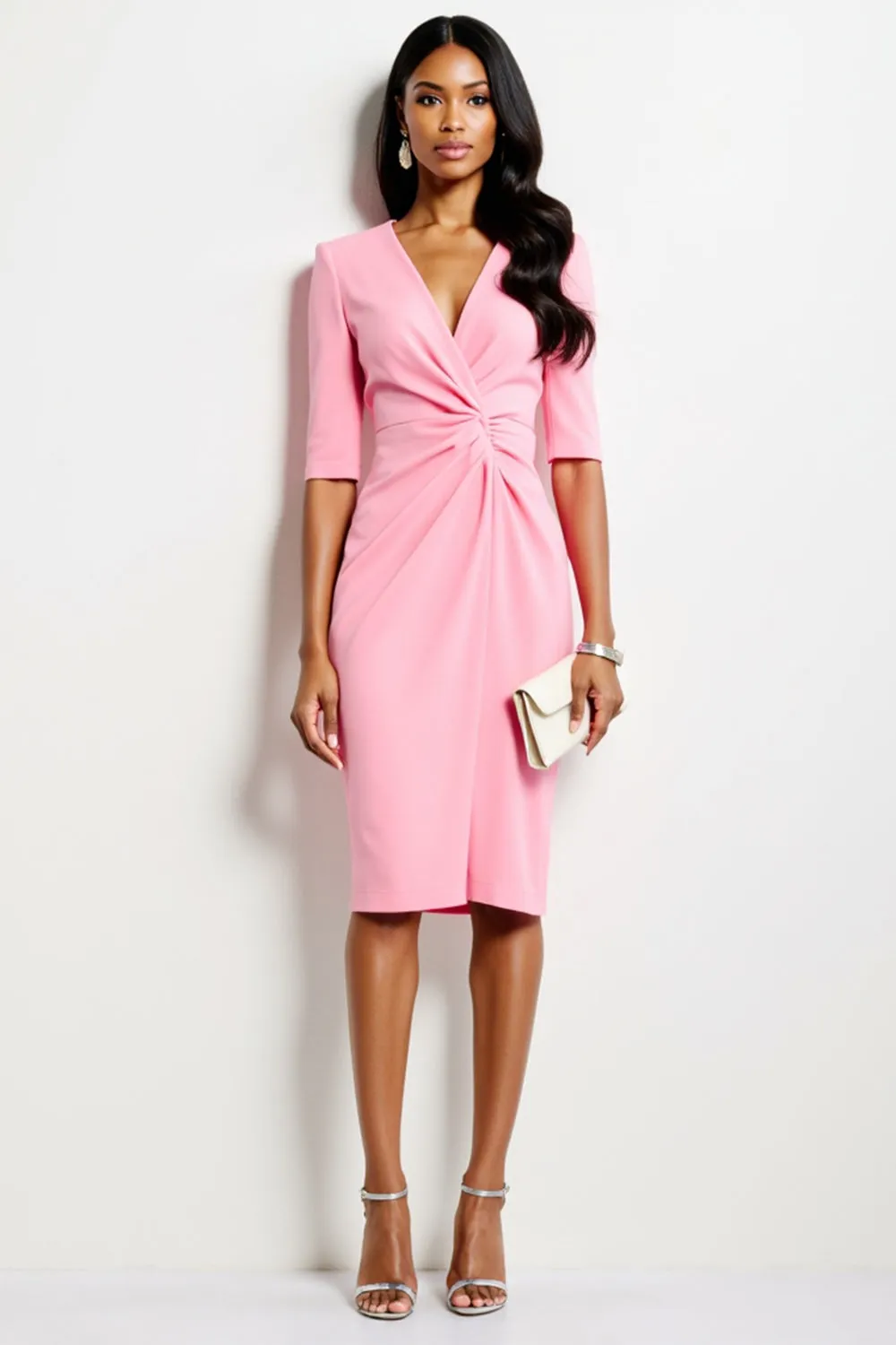 Pink V-Neck Ruched Sheath Work Dress with Half Sleeves sold by Zapaka