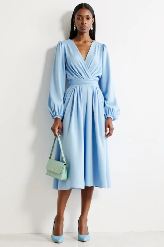 Blue V-Neck A Line Work Dress with Long Sleeves sold by Zapaka