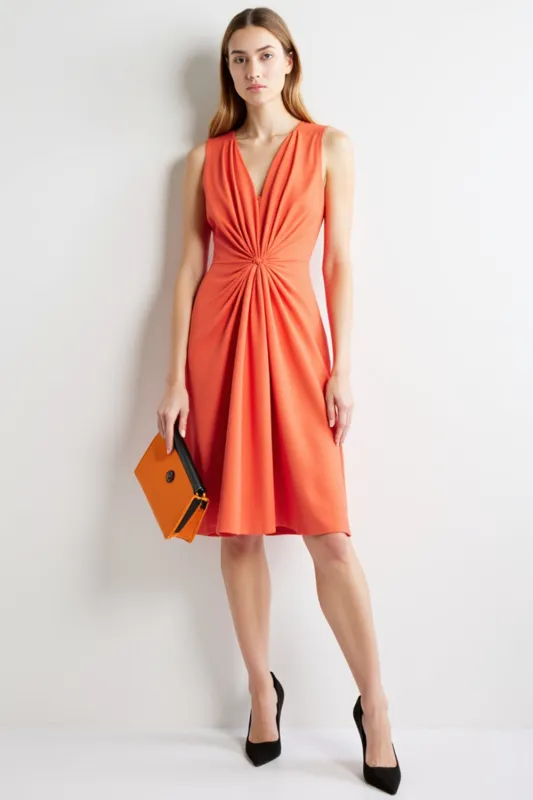 Ruched Orange V-Neck A Line Work Dress sold by Zapaka