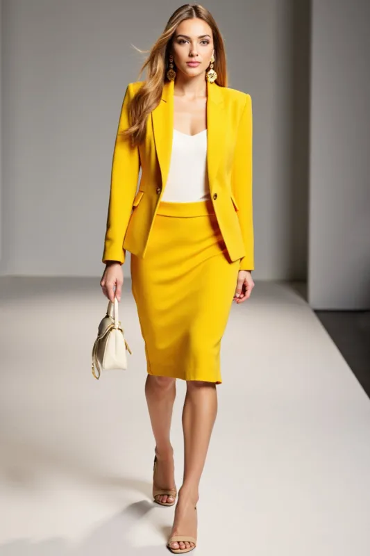 Yellow Sheath 2 Piece Notched Lapel Work Dress sold by Zapaka