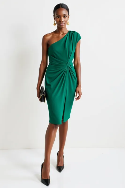 One Shoulder Ruched Green Sheath Work Dress sold by Zapaka