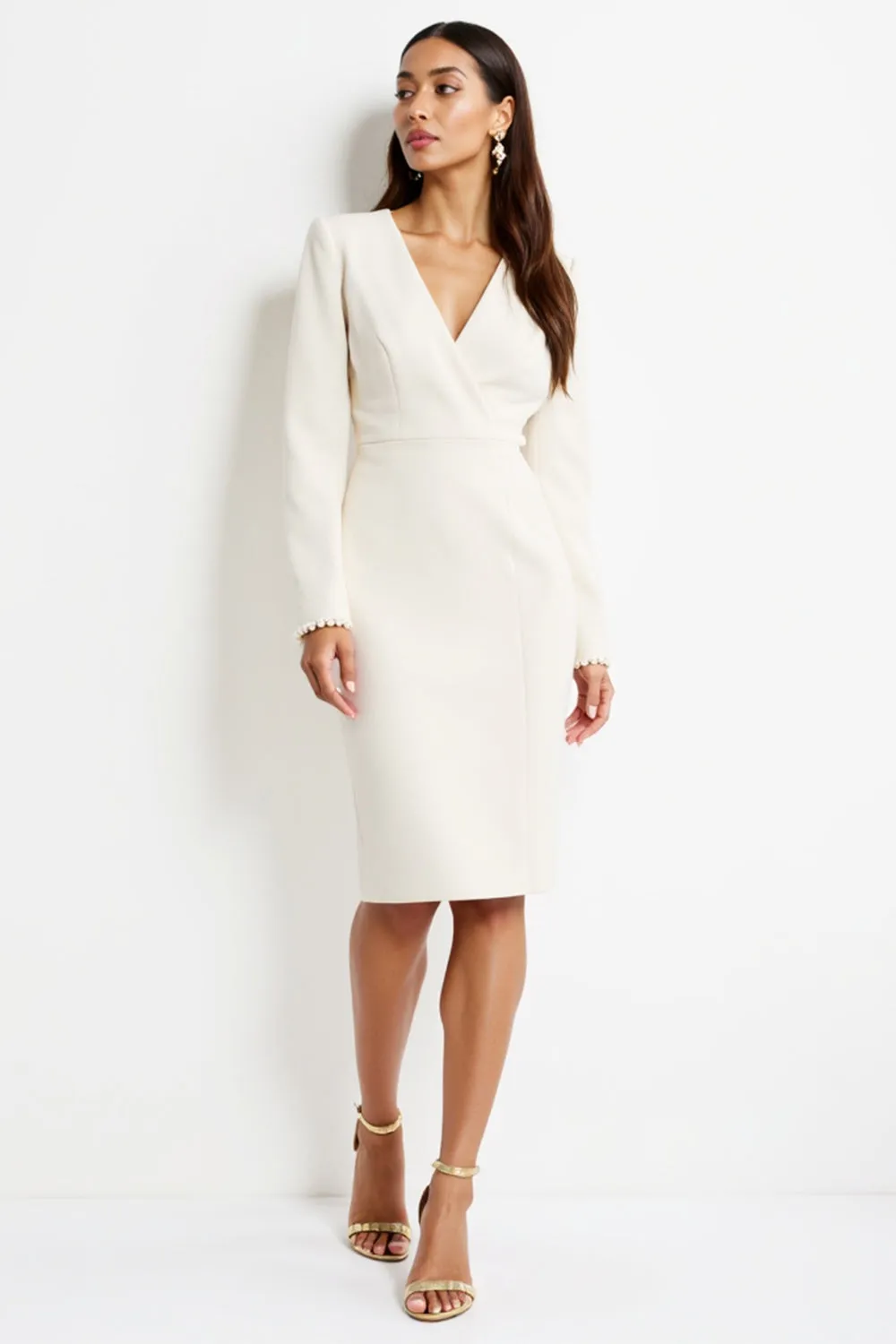 White Sheath V Neck Work Dress with Long Sleeves sold by Zapaka