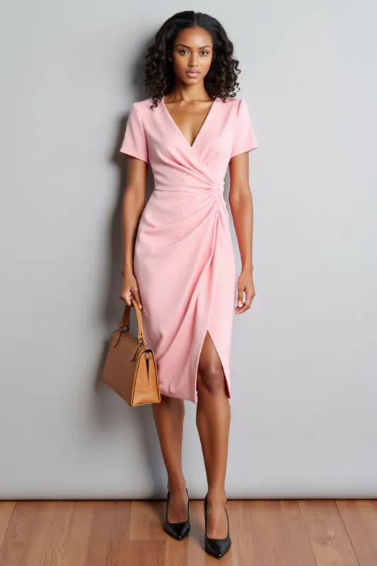 Pink Ruched V-Neck Sheath Work Dress sold by Zapaka