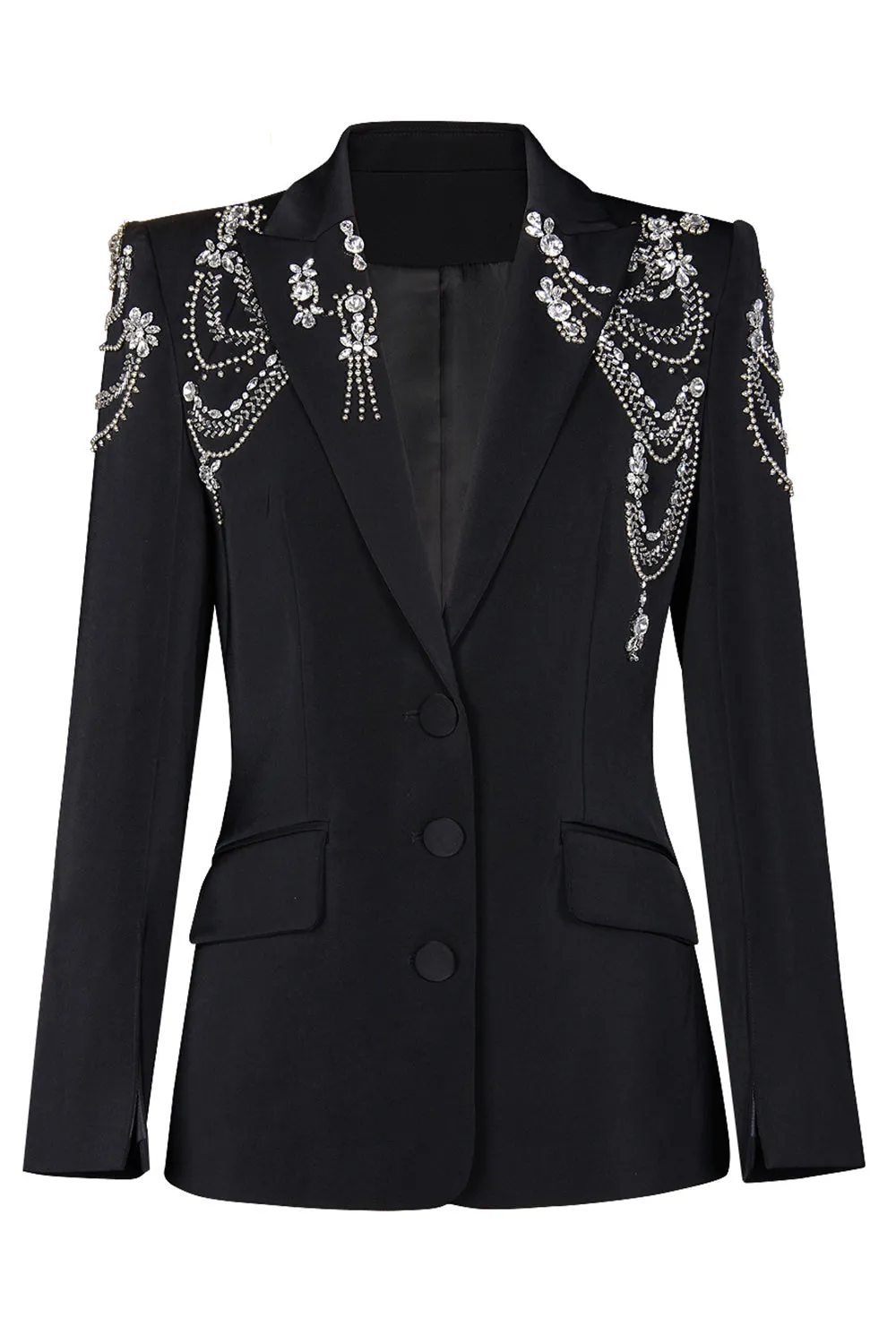 Sparkly Black Peak Lapel Single Breasted Women Prom Blazer with Rhinestones sold by Zapaka