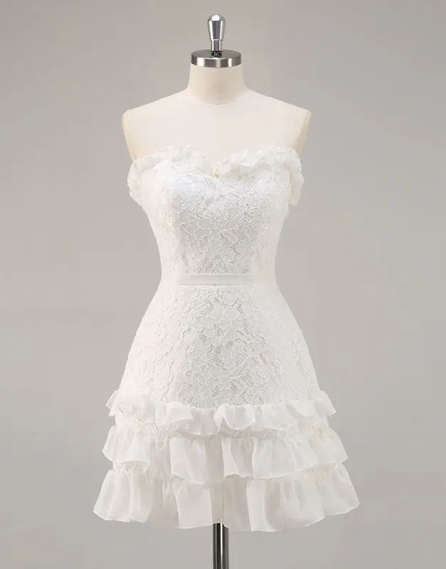 White A Line Strapless Mini Lace Graduation Dress sold by Zapaka