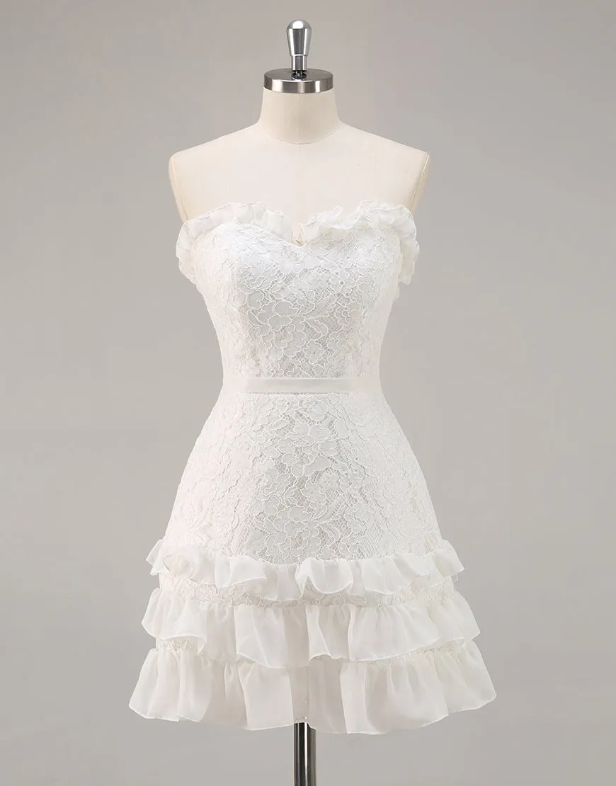 White A Line Strapless Mini Lace Graduation Dress sold by Zapaka