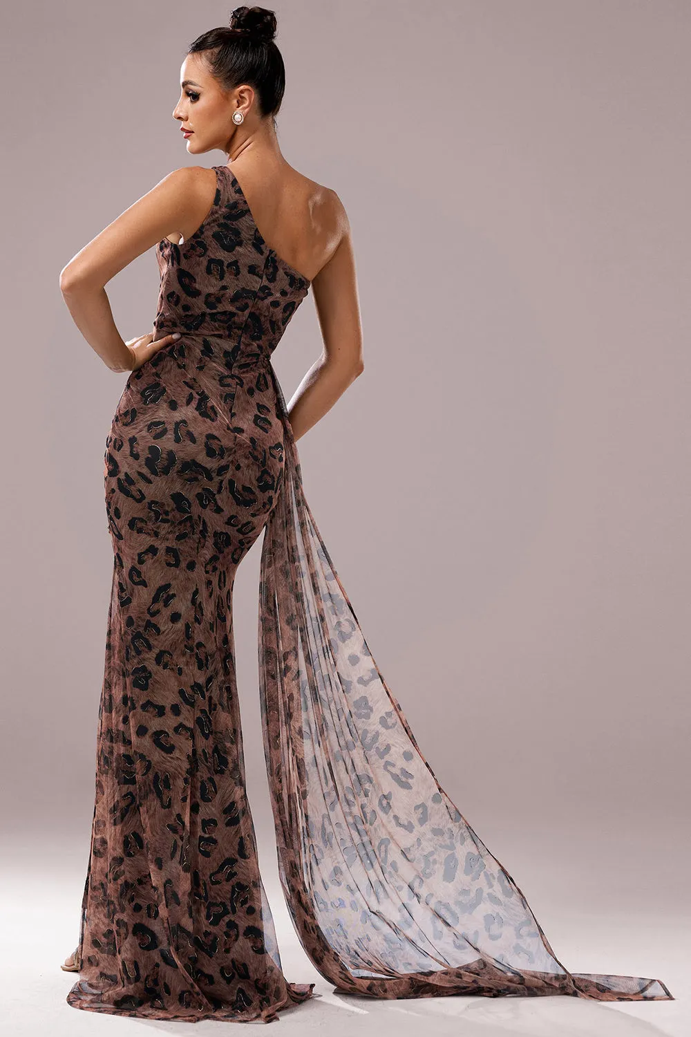 Brown Leopard Printed One Shoulder Wedding Guest Dress with Streamer sold by Zapaka product image thumbnail 2