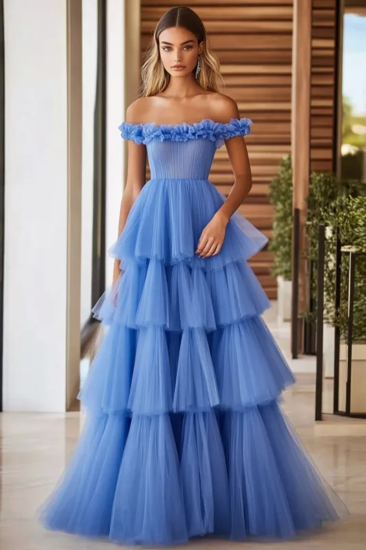 Off The Shoulder Blue Tiered Prom Dress With Ruffles sold by Zapaka