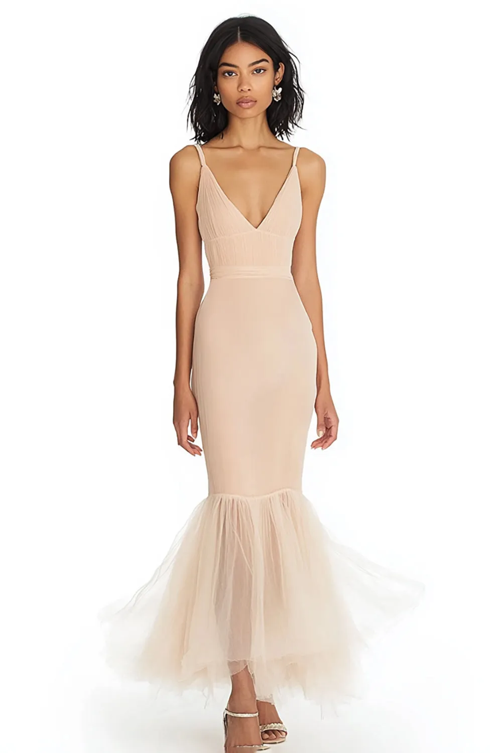 Mermaid Champagne V Neck Long Formal Dress sold by Zapaka