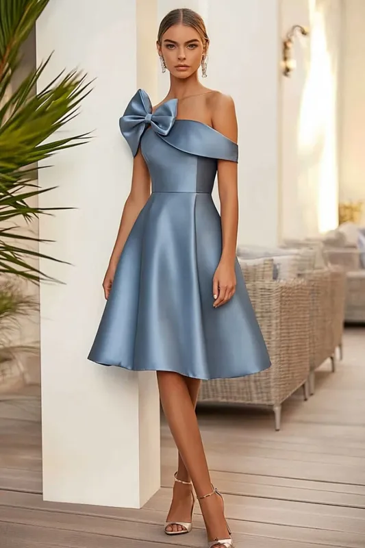 Dusty Blue A Line Midi Formal Dress With Bow made by Zapaka