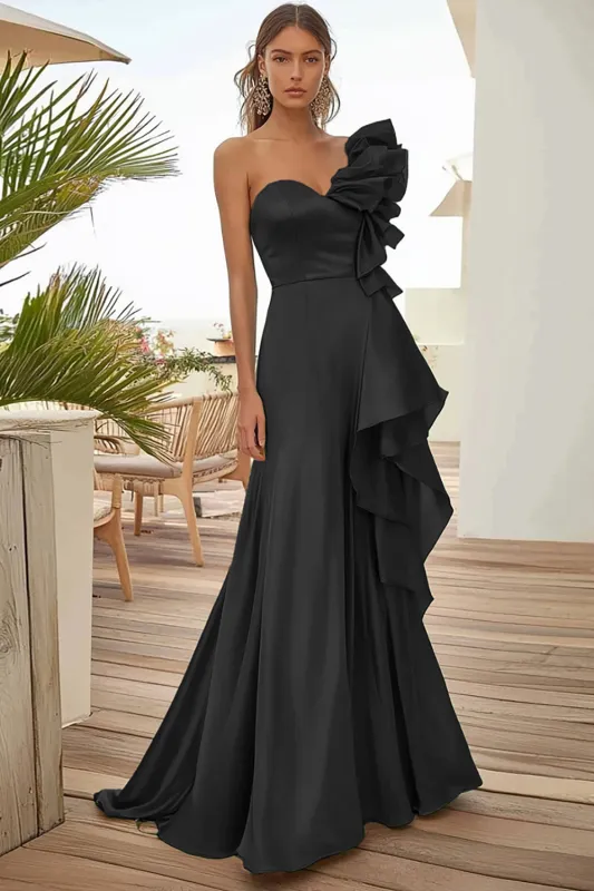 Black One Shoulder Long Formal Dress With Ruffles sold by Zapaka