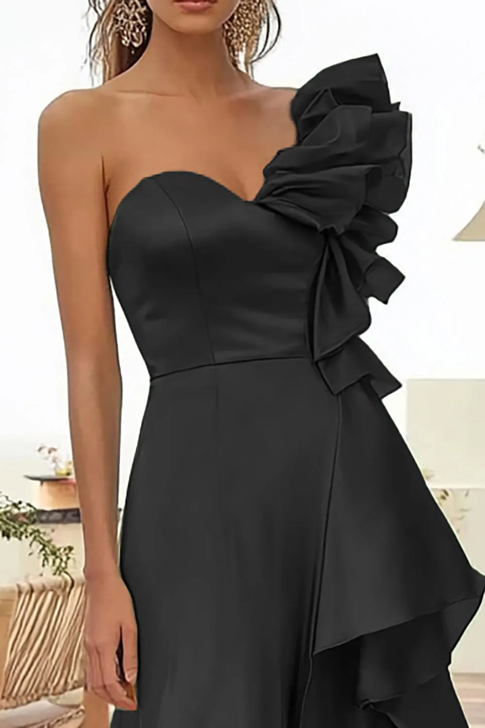 Black One Shoulder Long Formal Dress With Ruffles sold by Zapaka product image thumbnail 2