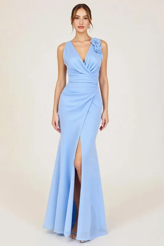 Sky Blue Mermaid V Neck Long Formal Dress with Slit sold by Zapaka