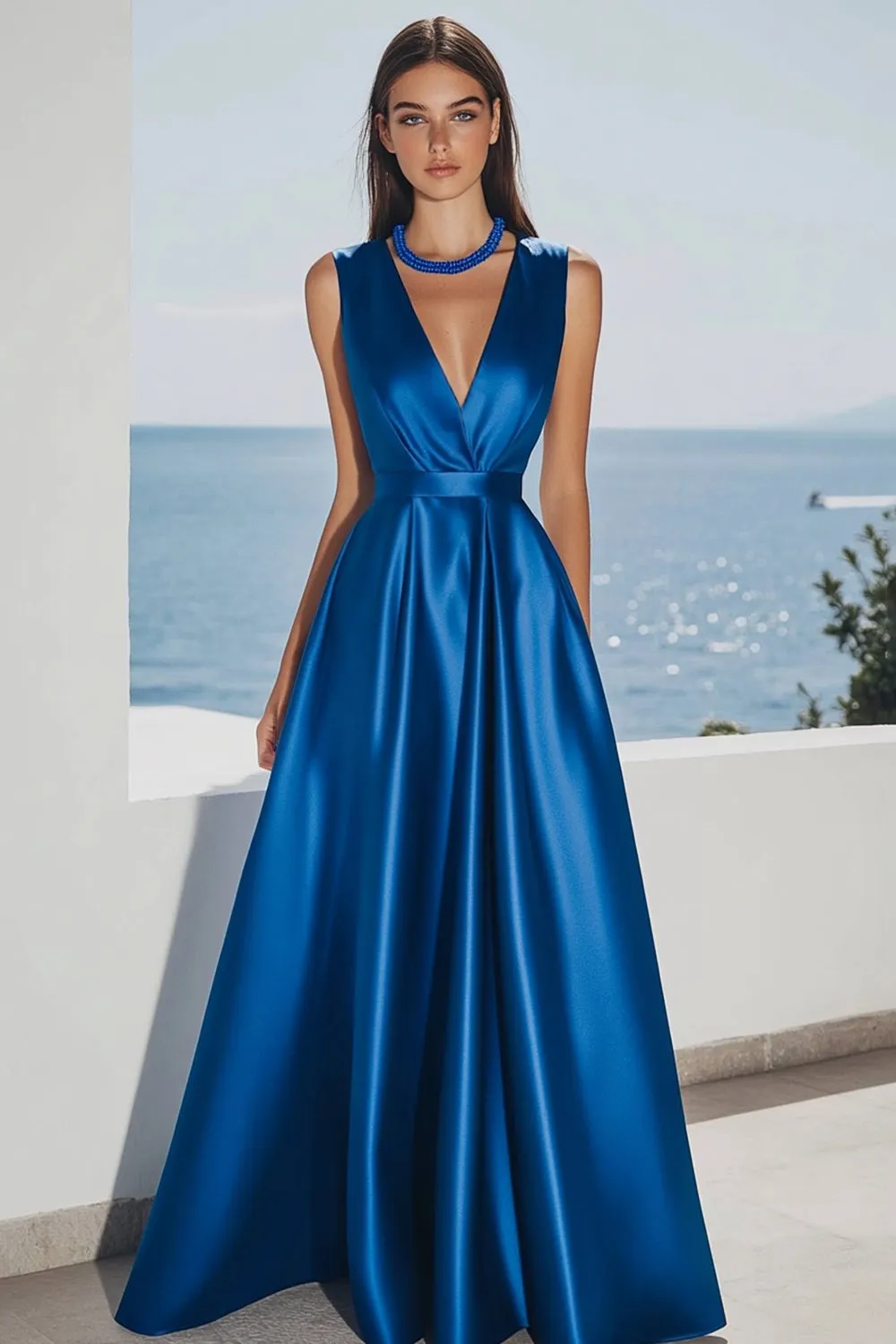 Royal Blue Satin V Neck A Line Long Formal Dress sold by Zapaka