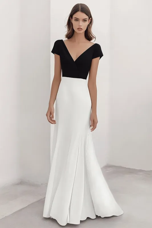 A Line White V Neck Formal Dress with Short Sleeves sold by Zapaka