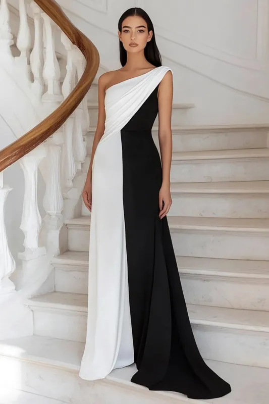 One Shoulder Black And White A Line Formal Dress sold by Zapaka