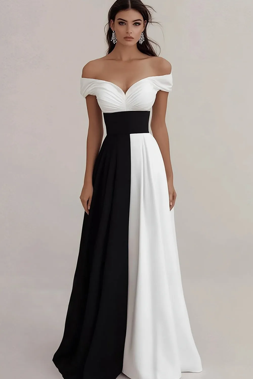 Off The Shoulder A Line Black And White Formal Dress sold by Zapaka