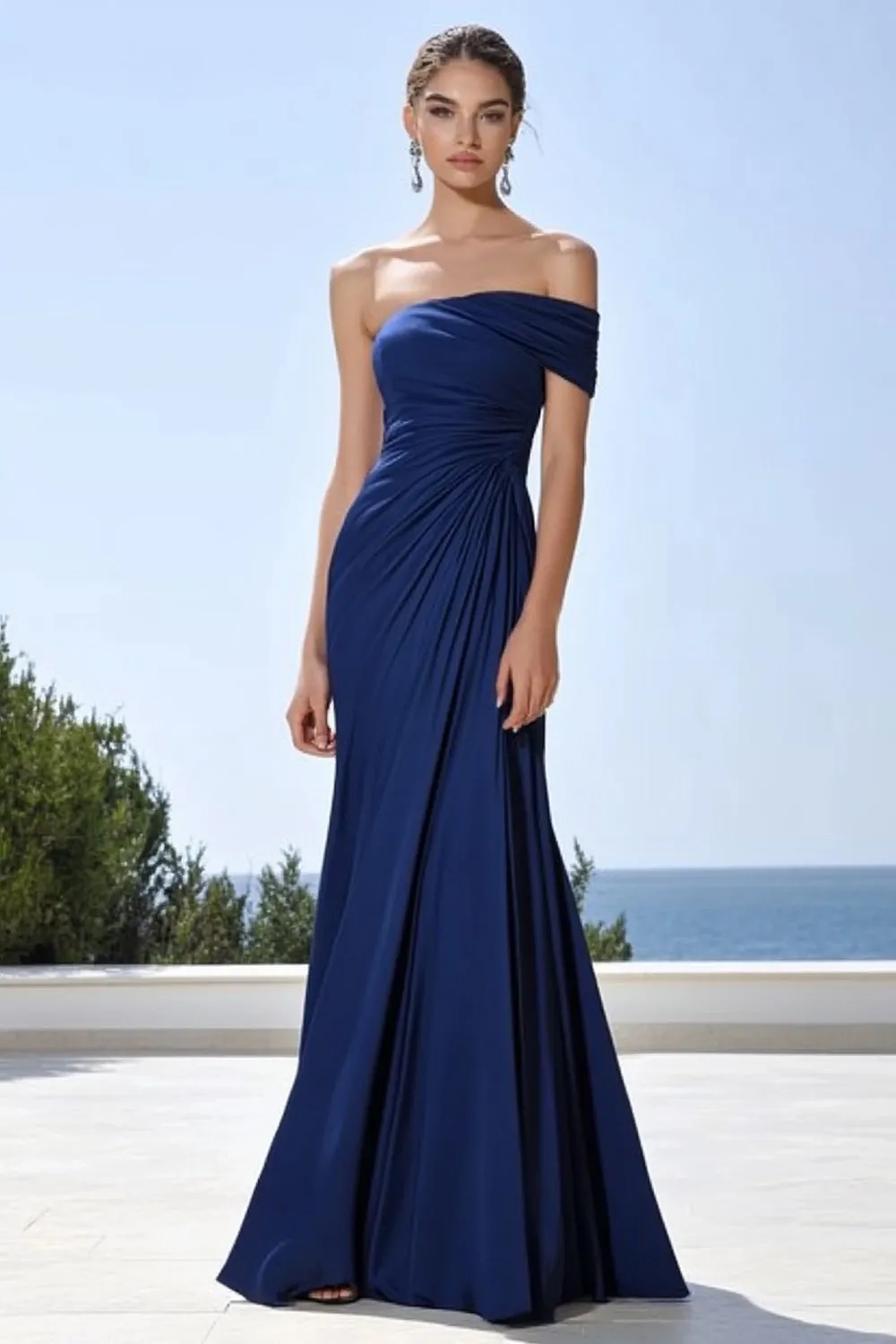 One Shoulder Mermaid Ruched Navy Formal Dress sold by Zapaka
