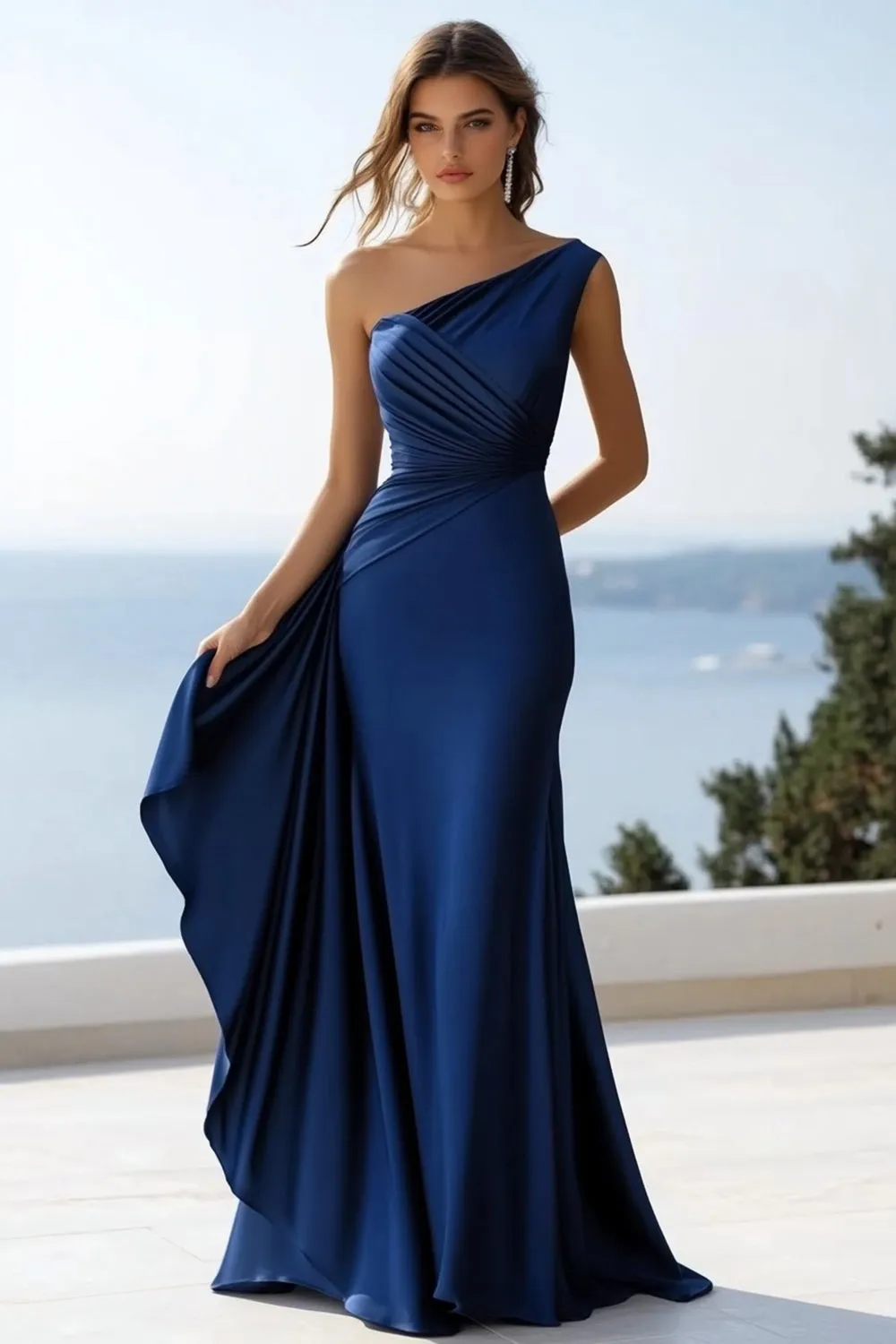One Shoulder Mermaid Navy Ruched Formal Dress sold by Zapaka