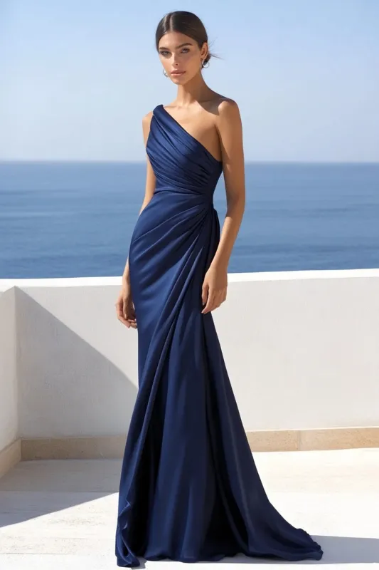 One Shoulder Navy Mermaid Ruched Formal Dress sold by Zapaka