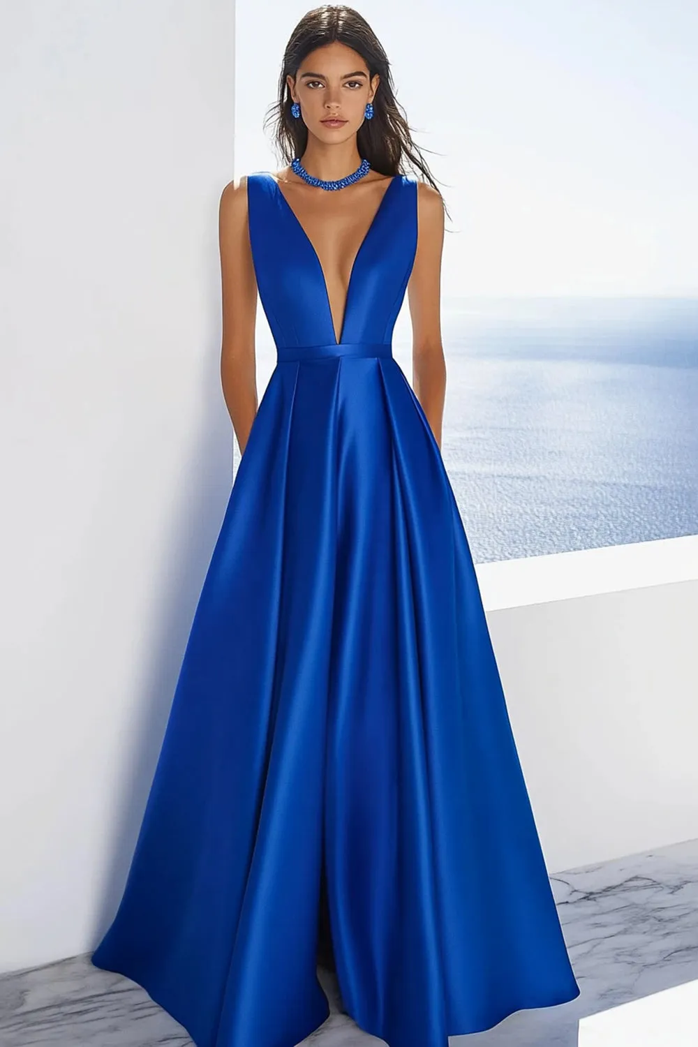 Royal Blue V-Neck A Line Satin Formal Dress sold by Zapaka