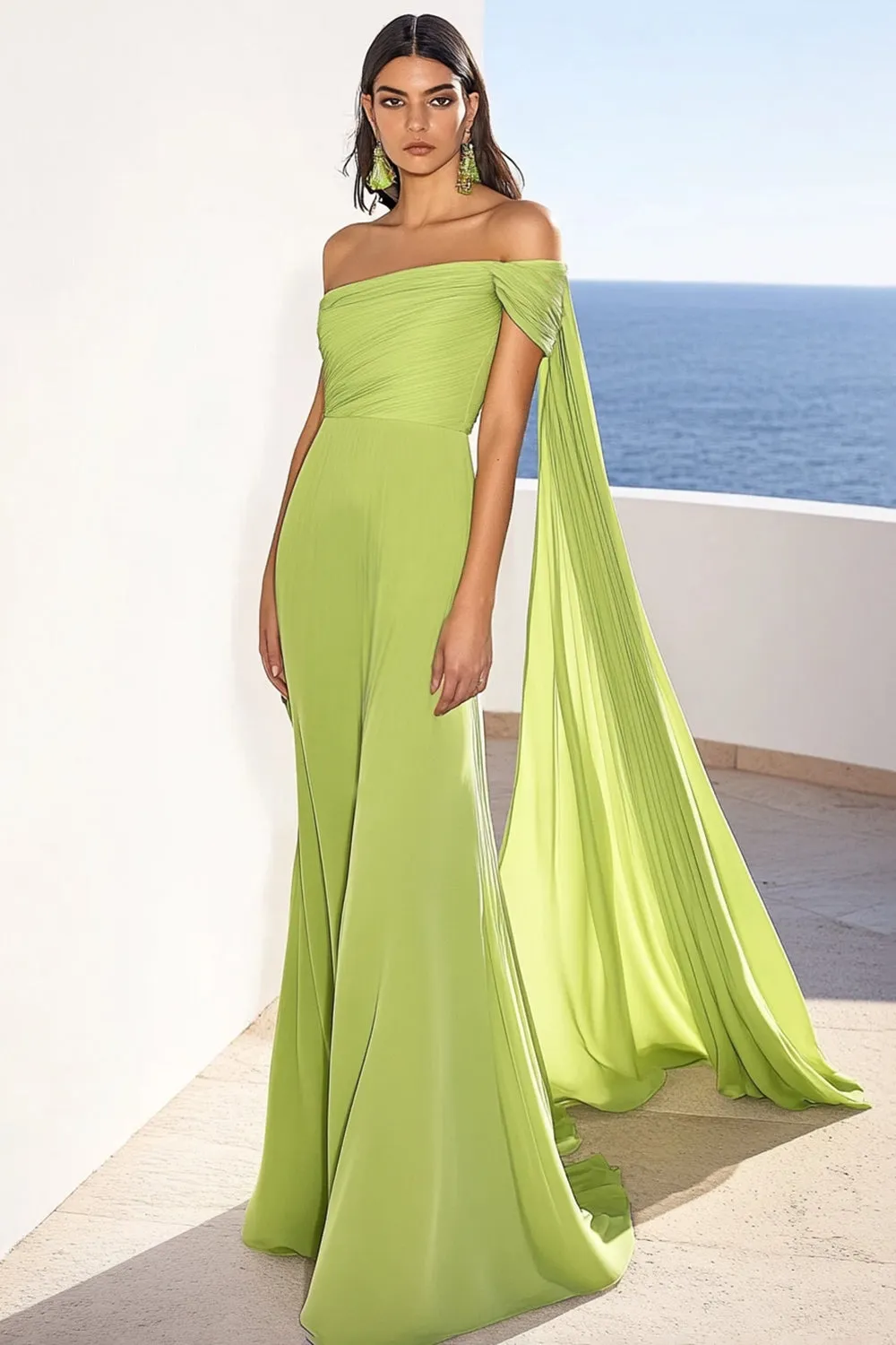 Green Chiffon Mermaid Formal Dress with Streamer sold by Zapaka