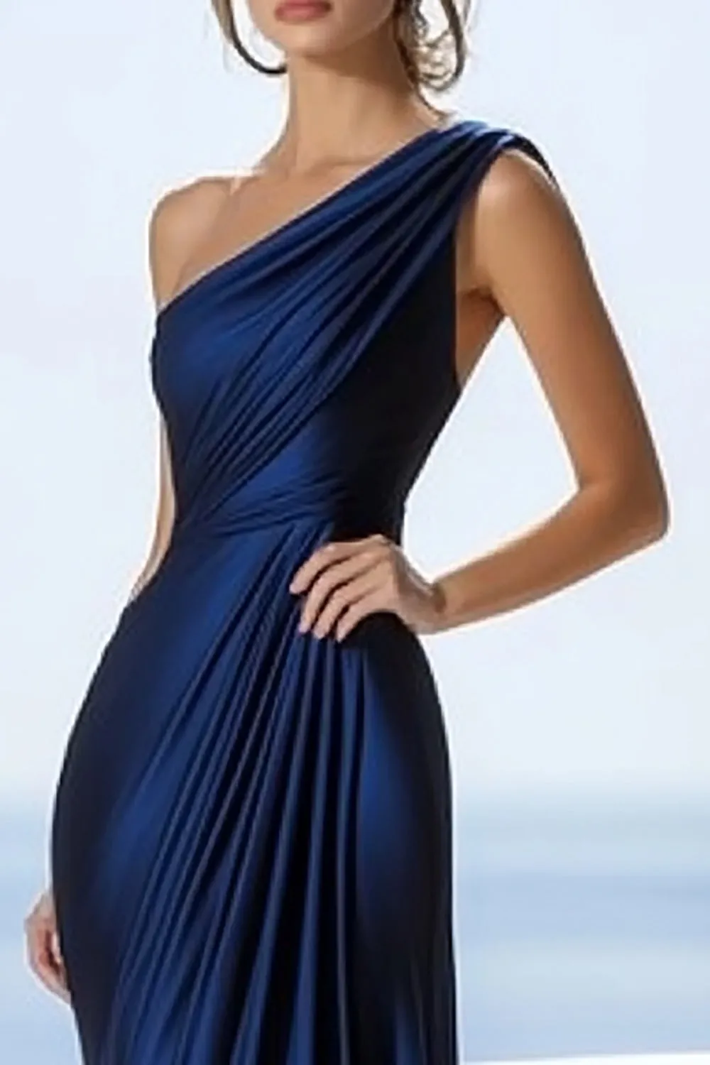 One Shoulder Navy Mermaid Ruched Formal Dress sold by Zapaka product image thumbnail 2