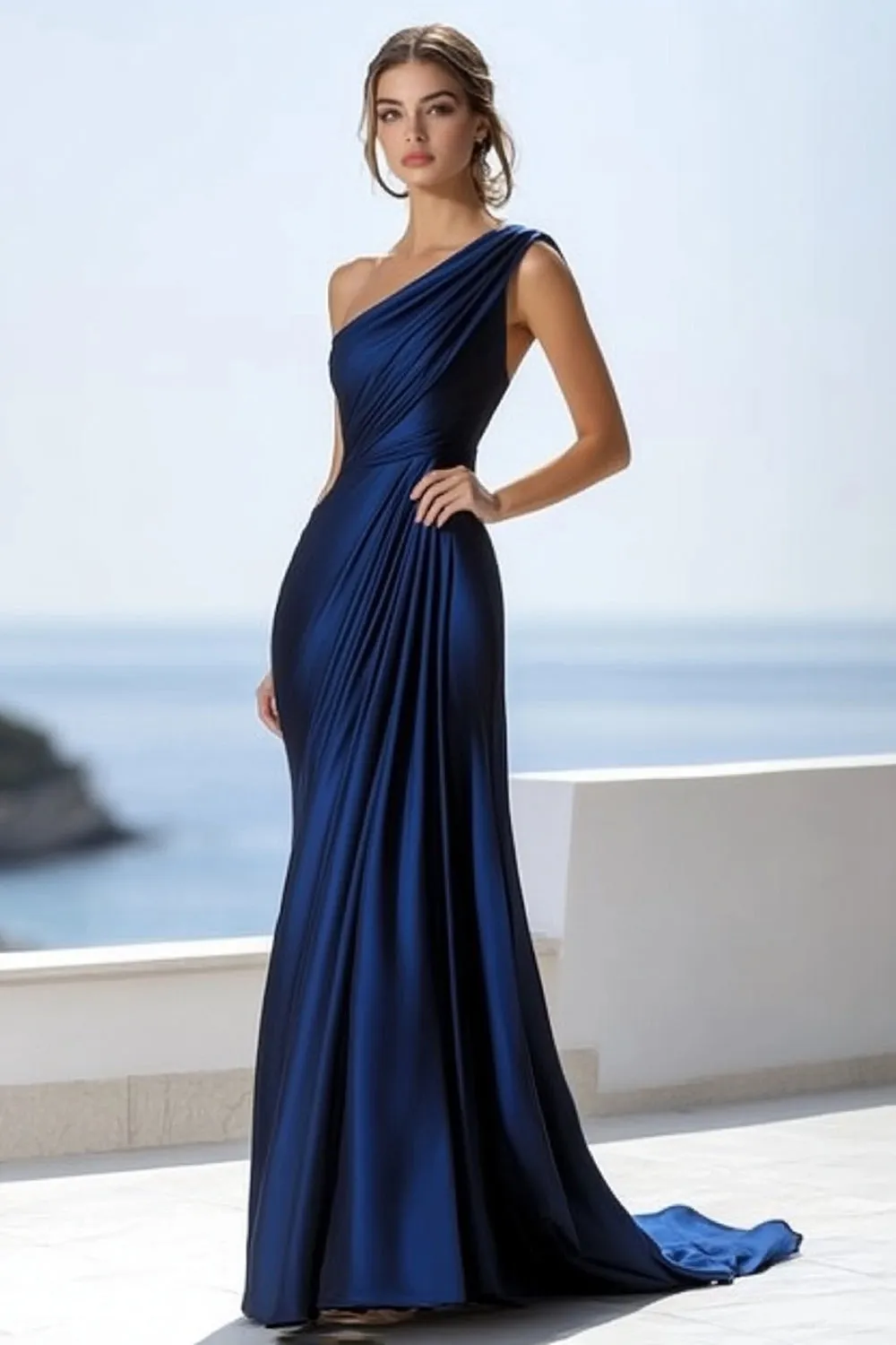 One Shoulder Navy Mermaid Ruched Formal Dress sold by Zapaka