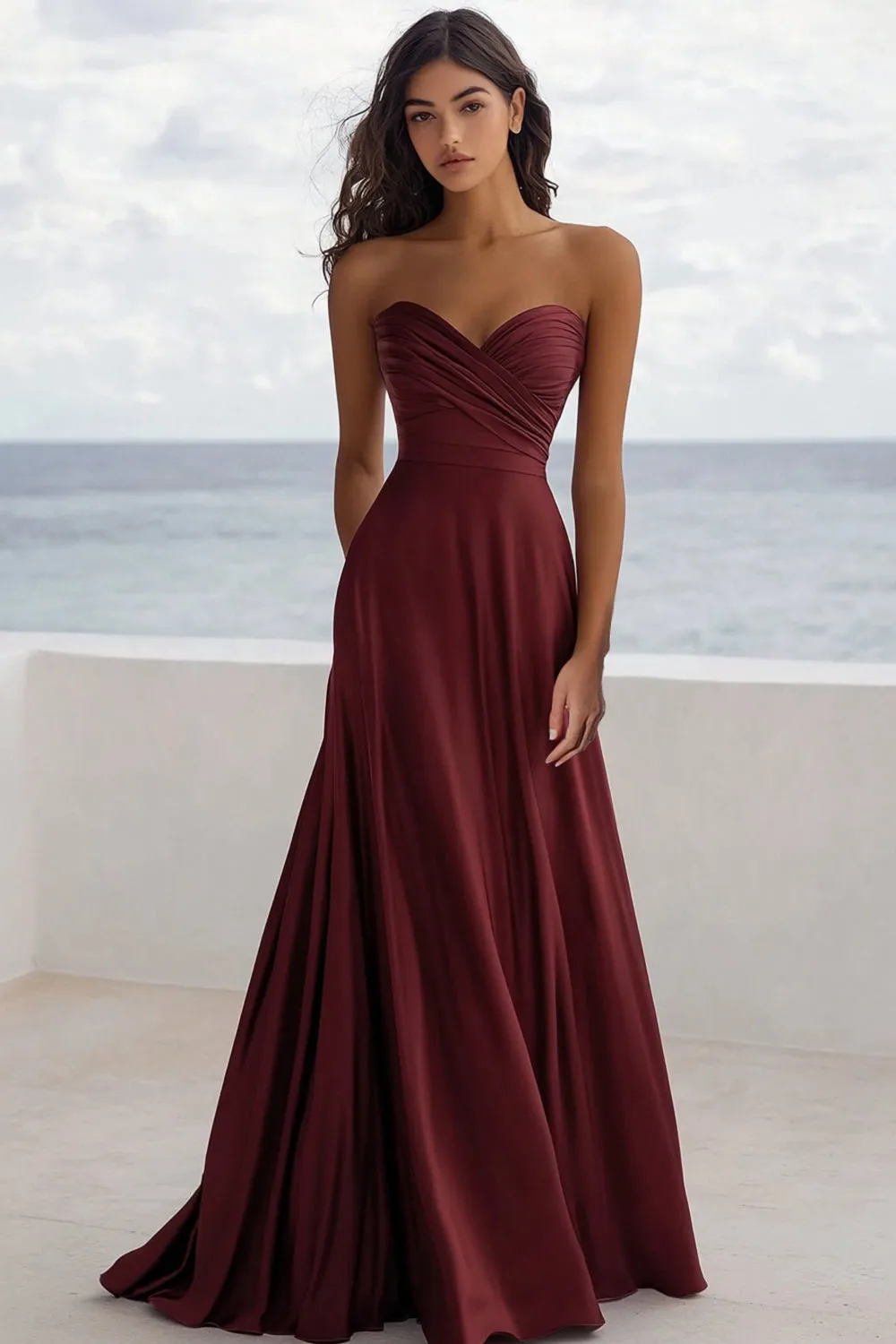 Strapless A Line Ruched Burgundy Formal Dress sold by Zapaka