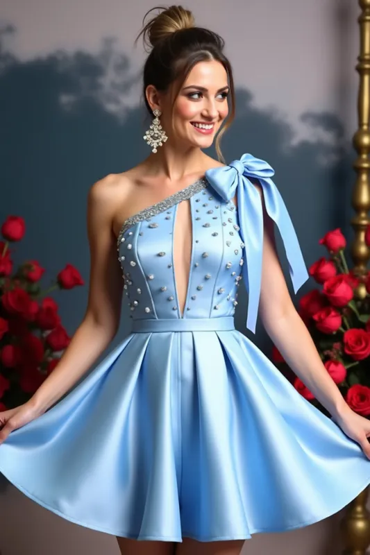 One Shoulder Sky Blue Beaded Homecoming Dress sold by Zapaka