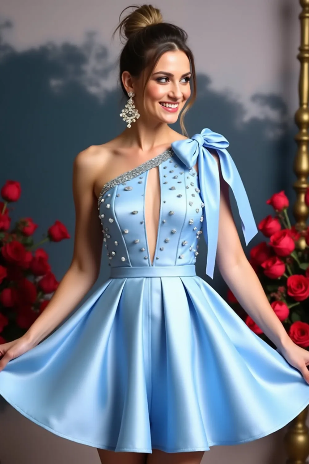 One Shoulder Sky Blue Beaded Homecoming Dress sold by Zapaka