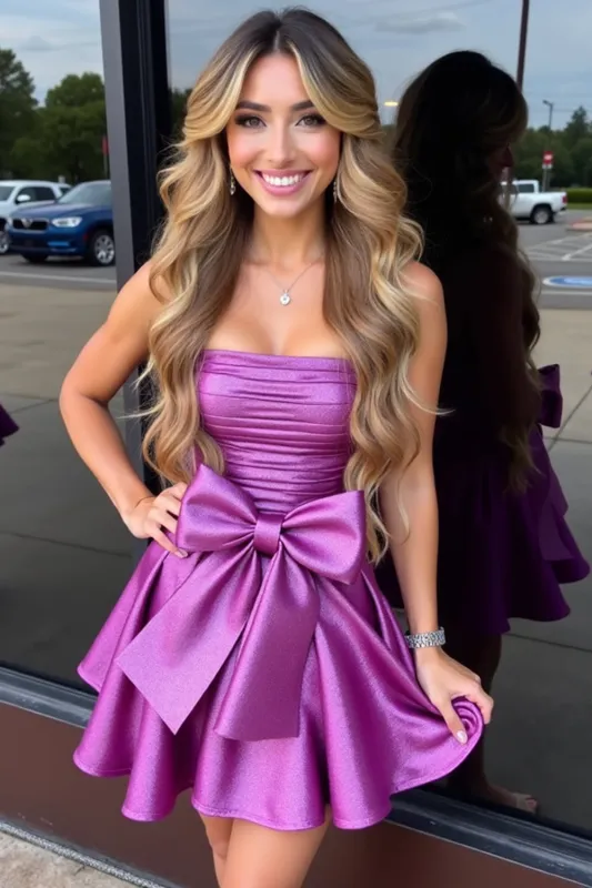 Purple A Line Bow Homecoming Dress sold by Zapaka