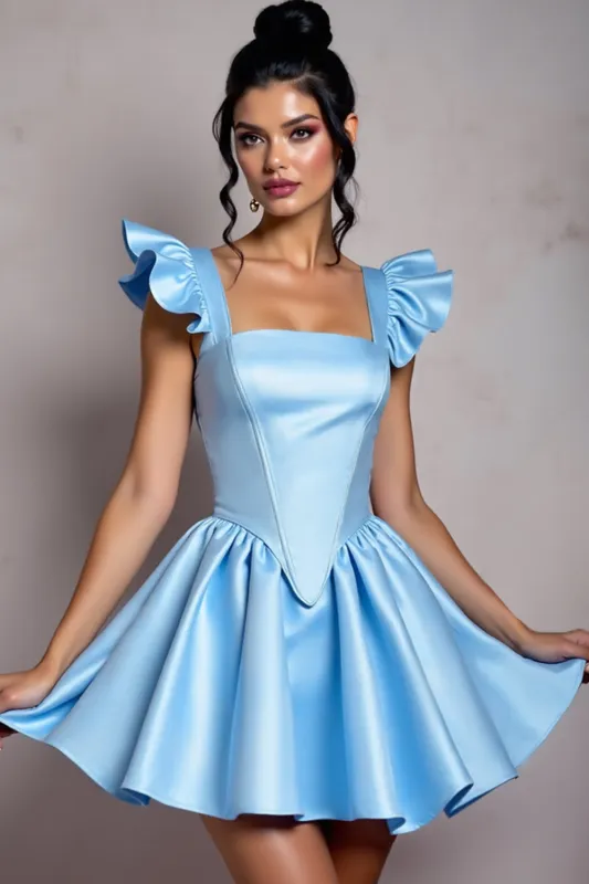 Sky Blue Square Neck Ruffle Sleeve A Line Homecoming Dress sold by Zapaka
