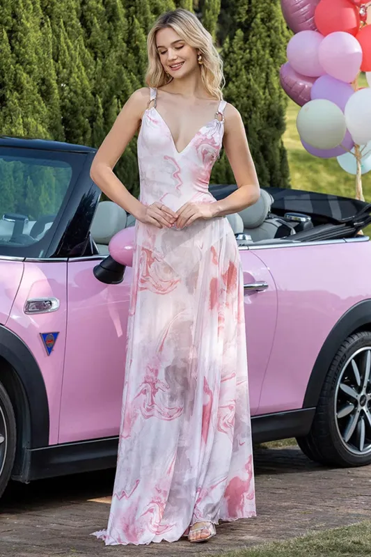 Pink Printed V-Neck A Line Party Dress sold by Zapaka