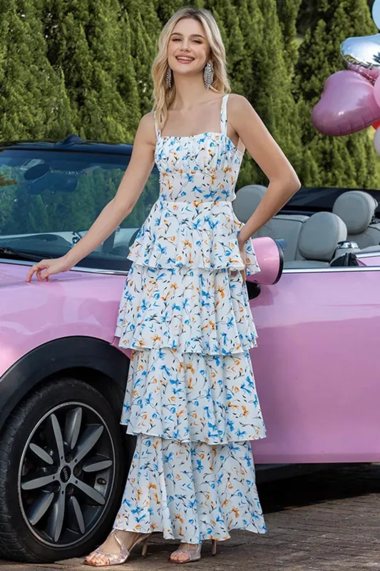 Blue Floral A Line Tiered Party Dress sold by Zapaka